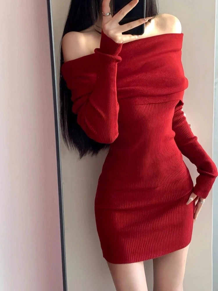 One Shoulder Women's Crochet Dresses Elegant High Quality Trend Retro Fashion Korean Clearance Sale Prom Party Female Knit Dress