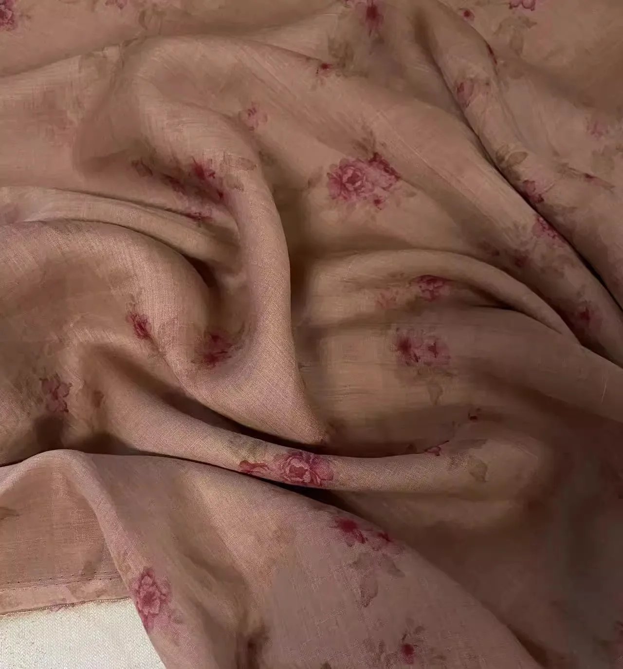 

1yard natural ramie fabric Coffee bottom rose print tissu Skirt dress shirt bag cheongsam fabric for clothing