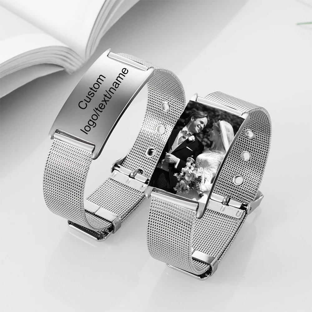 

Стильные мужские и женские браслеты из нержавеющей стали с эластичной сеткой, ювелирные изделия на заказ, персонализированная гравировка, подарки на запястье из нержавеющей стали