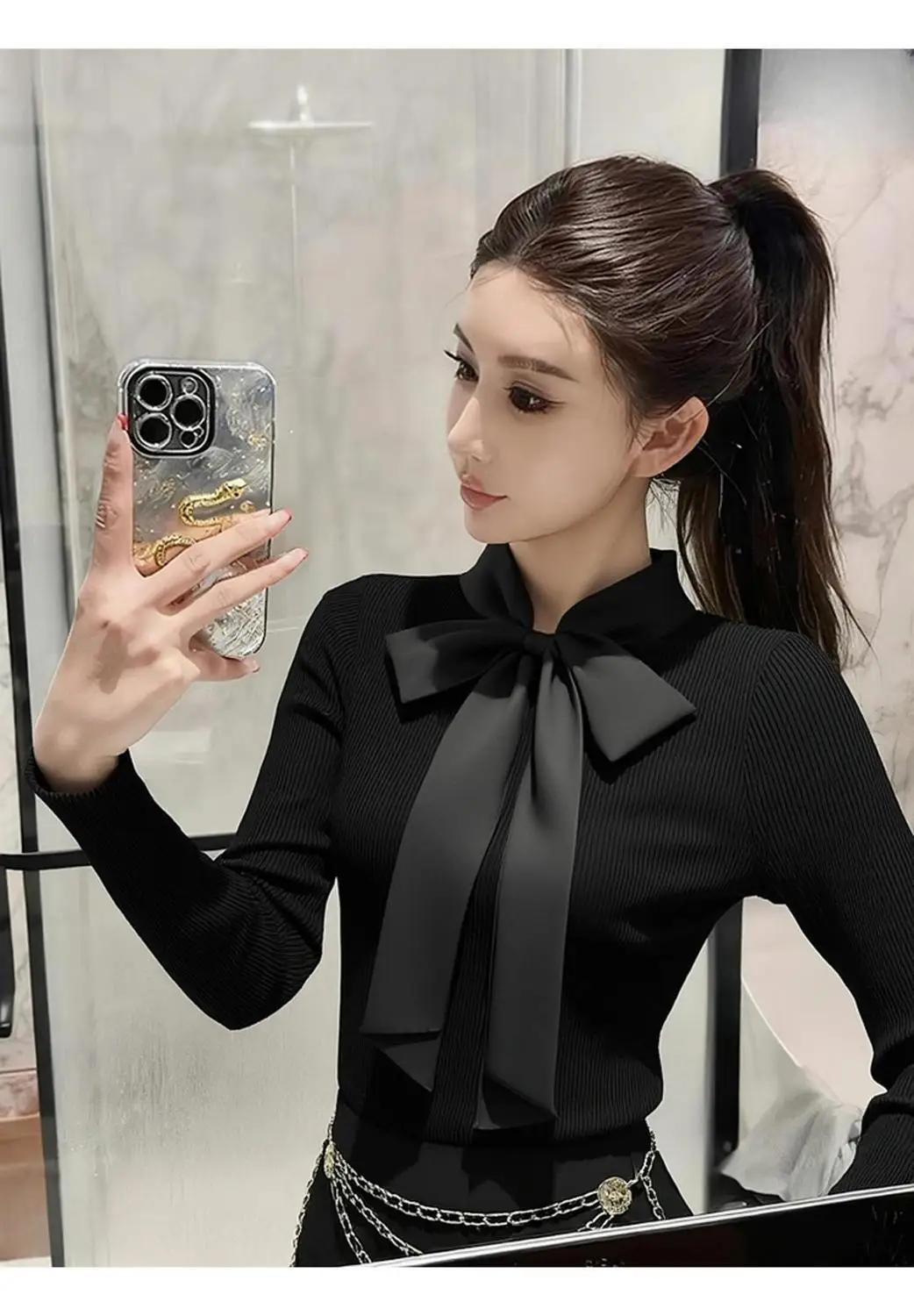 เสื้อยืดผู้หญิงทรงเข้ารูป ดีไซน์ผูกโบว์ แขนยาว สไตล์เรียบง่าย แฟชั่นเกาหลี สวยสง่า เหมาะสำหรับฤดูใบไม้ผลิและฤดูใบไม้ร่วง