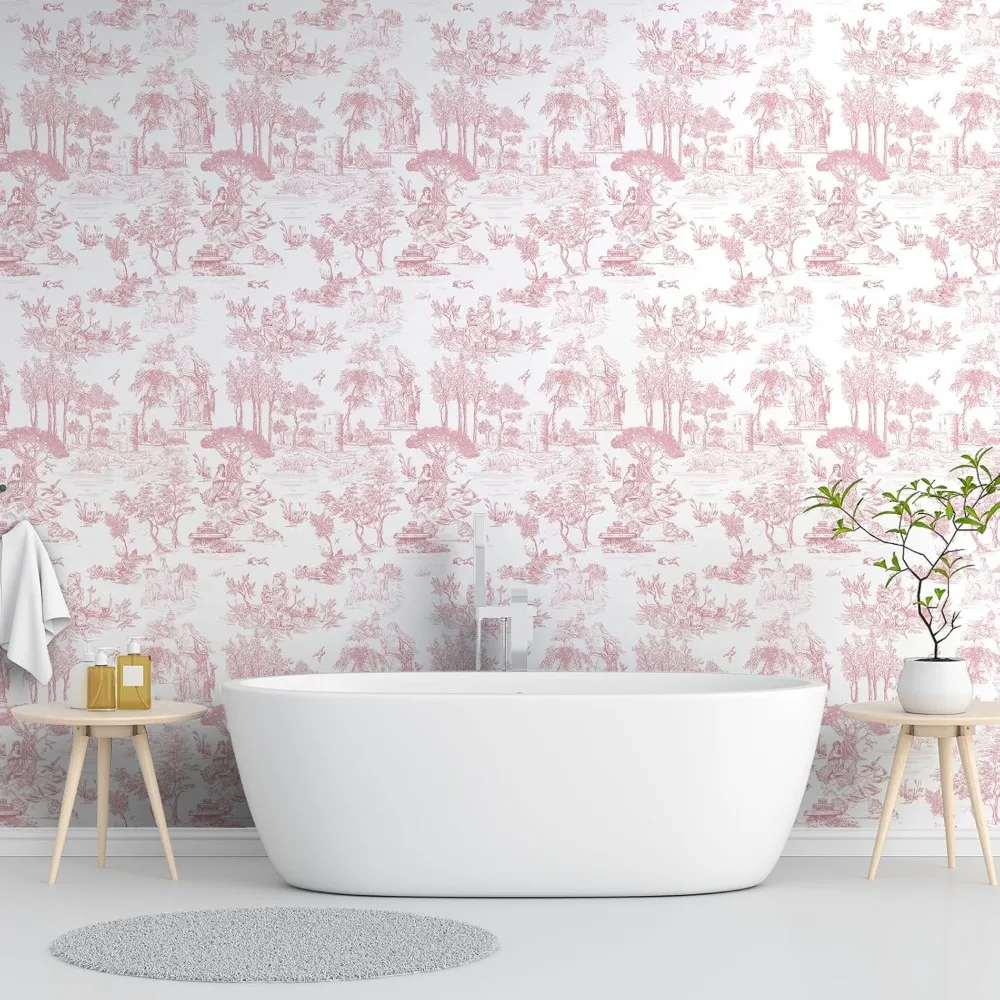 ورق جدران قابل للتقشير واللصق من تويلي فرنسي عتيق، وردي وأبيض، 17.7 × 590، ورق اتصال كلاسيكي للجدران