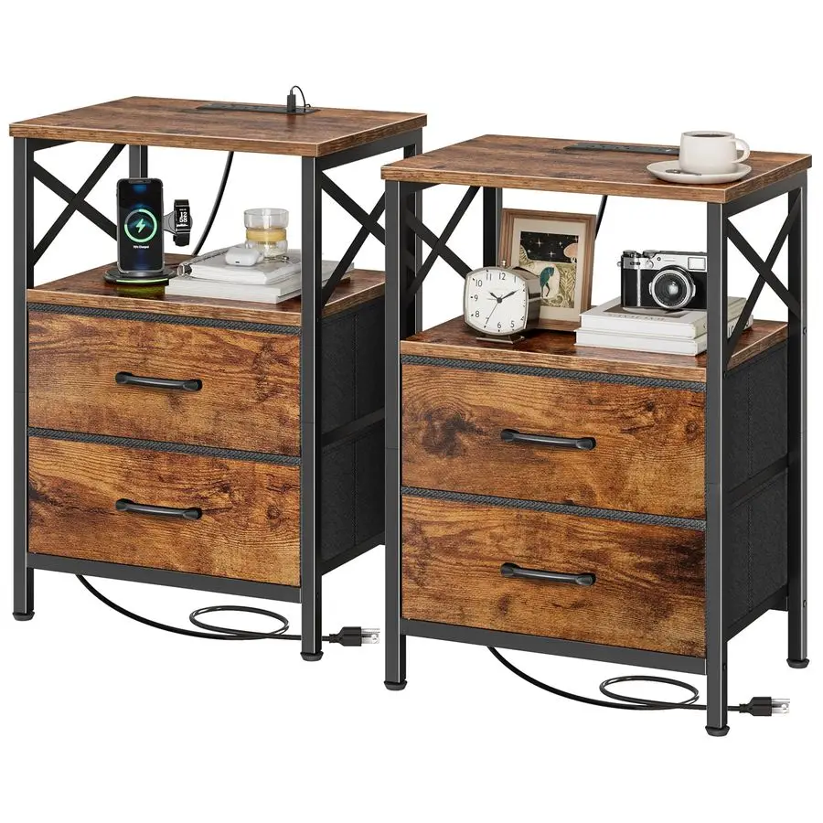 

Nightstands Set of 2, Night Stand with Charger Station, 2 Drawer Side Table with Open Shelf, USBC Port, End Table for Small Spa