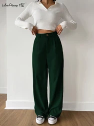 Mnealways18 Vintage Green High Waist Trousers Women Office Ladies Pleated Casual Straight Pants Double Pockets Floor-Length Pant