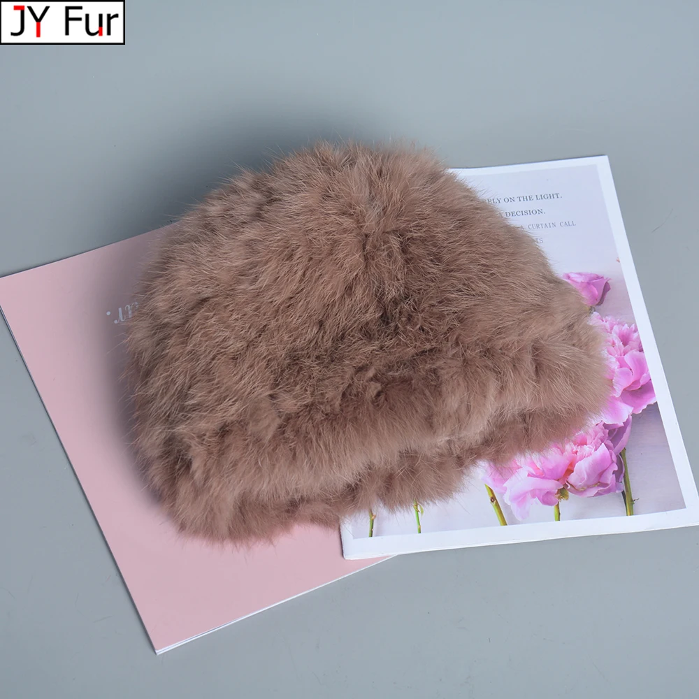 

Russian Women Good Elastic Real Rabbit Fur Skully Hat Lady Winter Warm Knitted Genuine Rabbit Fur Hats Outdoor Fluffy Fur Caps