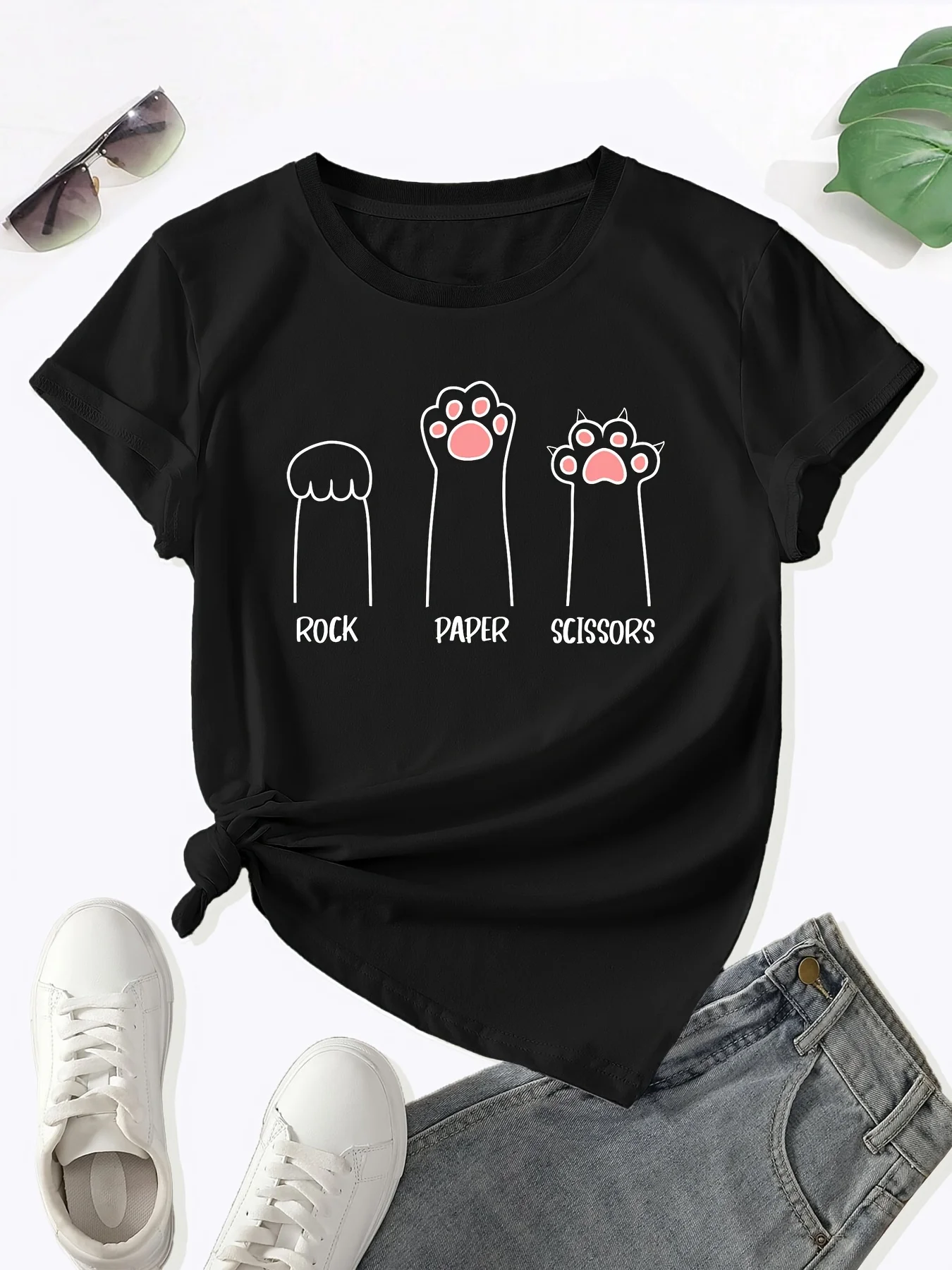 Paw Print Crew Neck Tee Casual Short Sleeve Tee Spring Summer Women's High Qaulity Fabric Selection Breathable Refresh Clothing