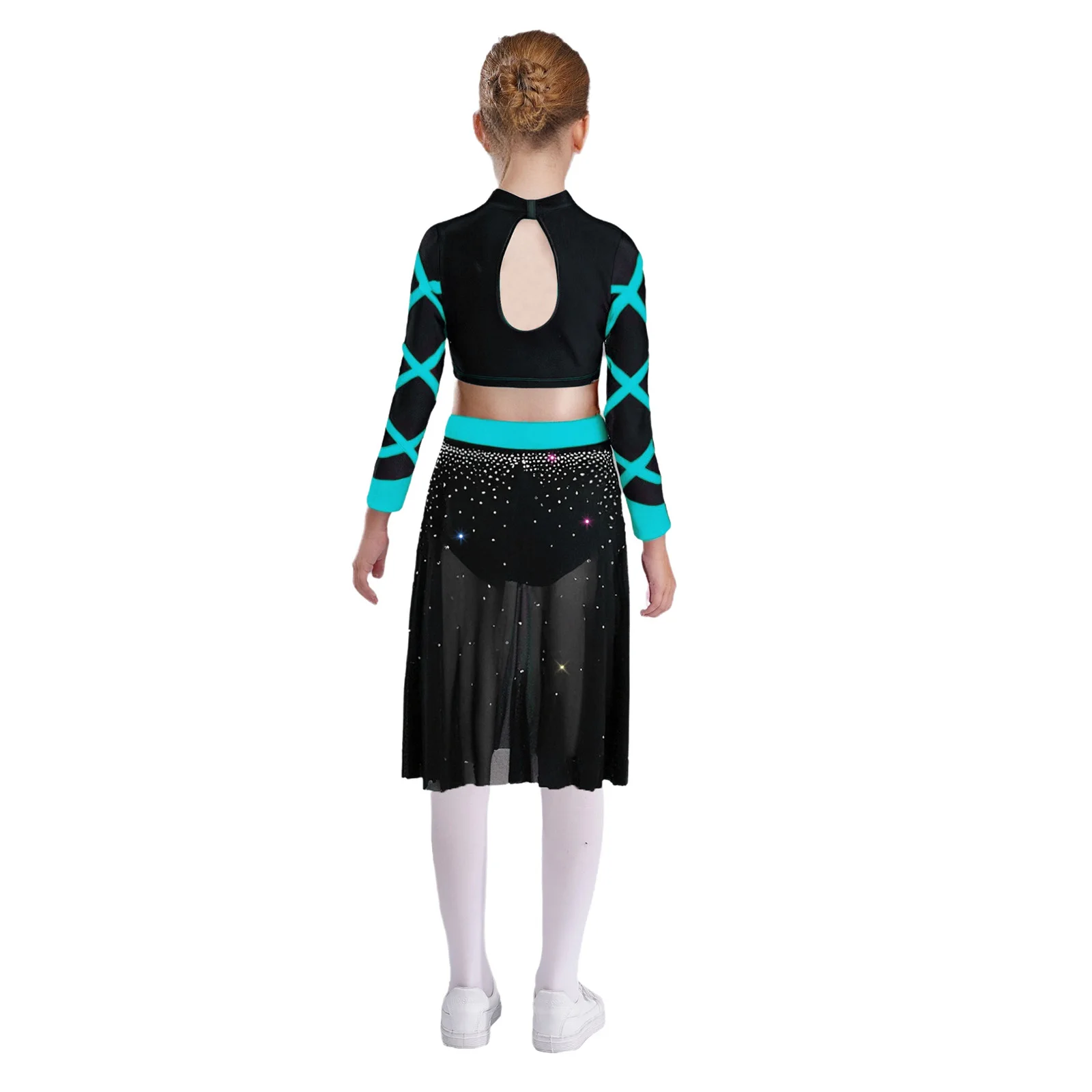 Tenue de danse de Ballet pour enfants filles, ensembles de danse contemporaine moderne lyrique, Costume à manches longues, haut en strass avec jupe en maille fluide