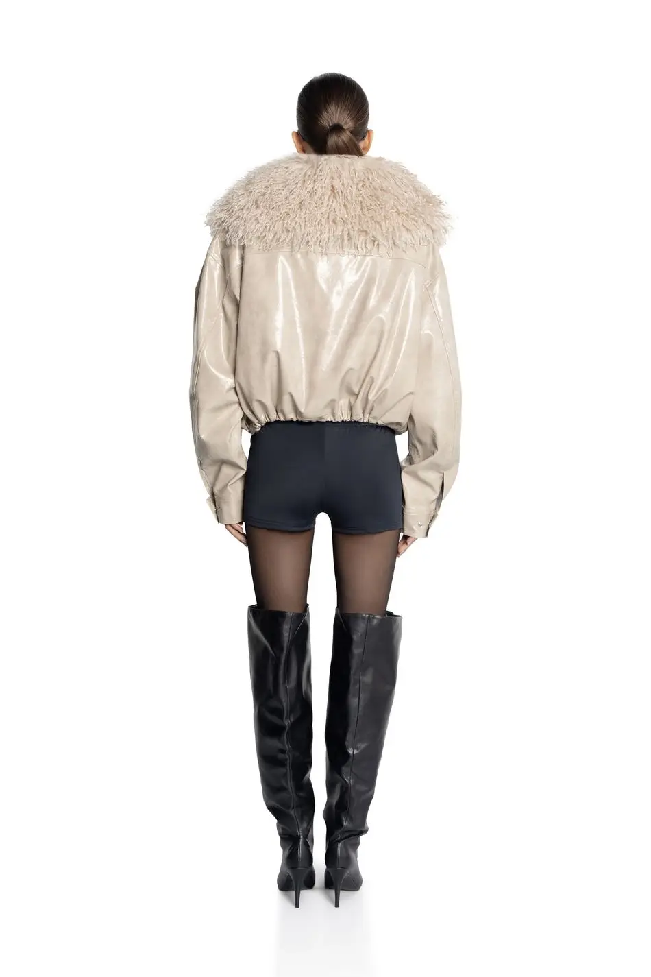 Laur 2026 Women Faux Leather Short Jacket With Fluffy Big Fur Collar Oversized Warm Winter Biker Coat For Ladies