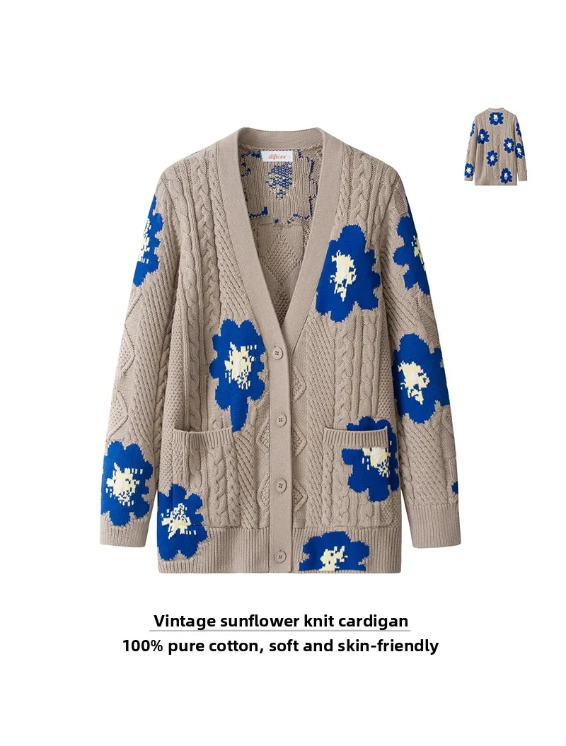 

Retro Sle Thiened Cotton Knitted Cardigan Women's Loose V-Ne Sweater Coat Sle Suower Pattern Long Sve Coat
