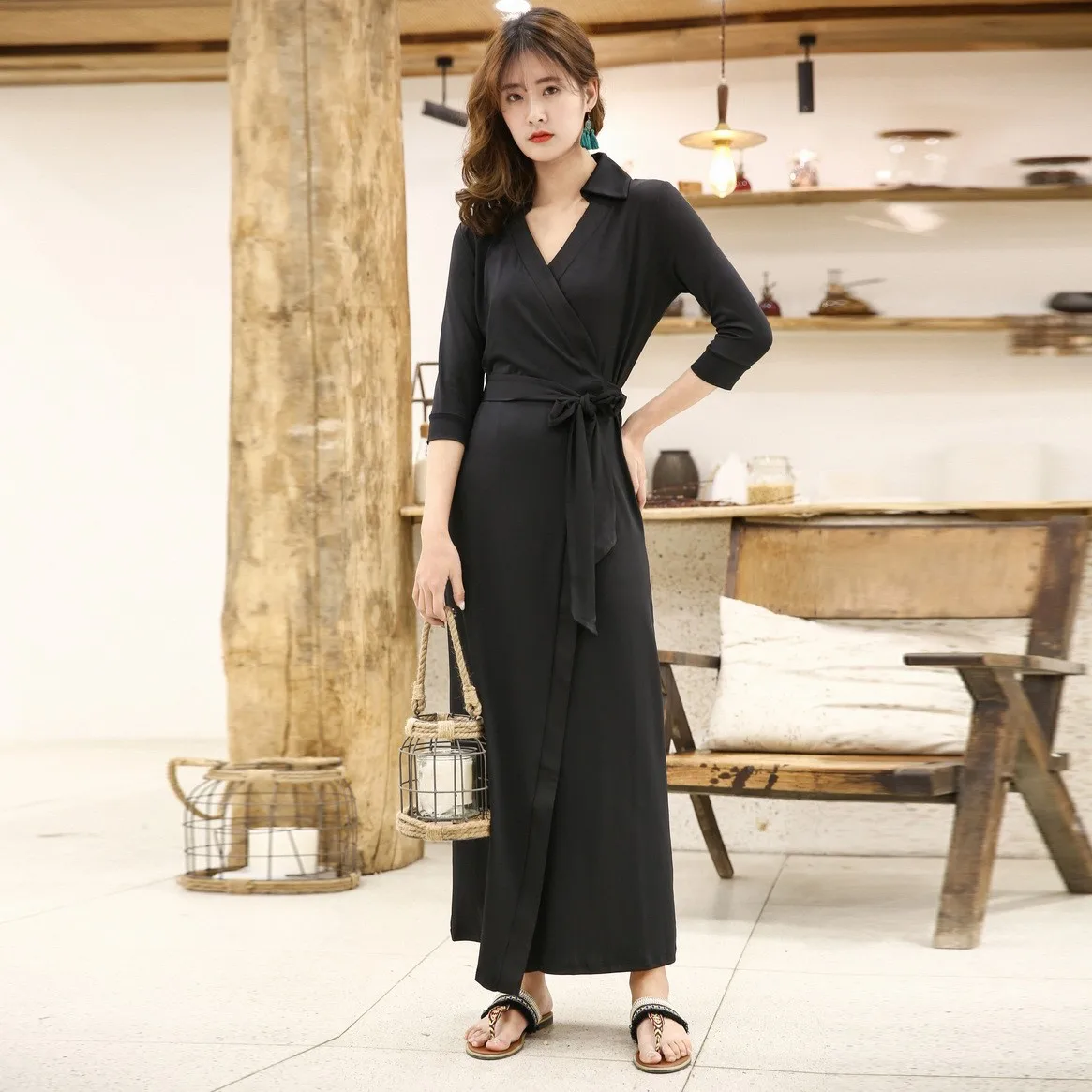 

Faionable Long Wrap Dr Women's Pure Color Slim Fit Seven Sve High Waist Summer New Sle Casual Busin Home Wear