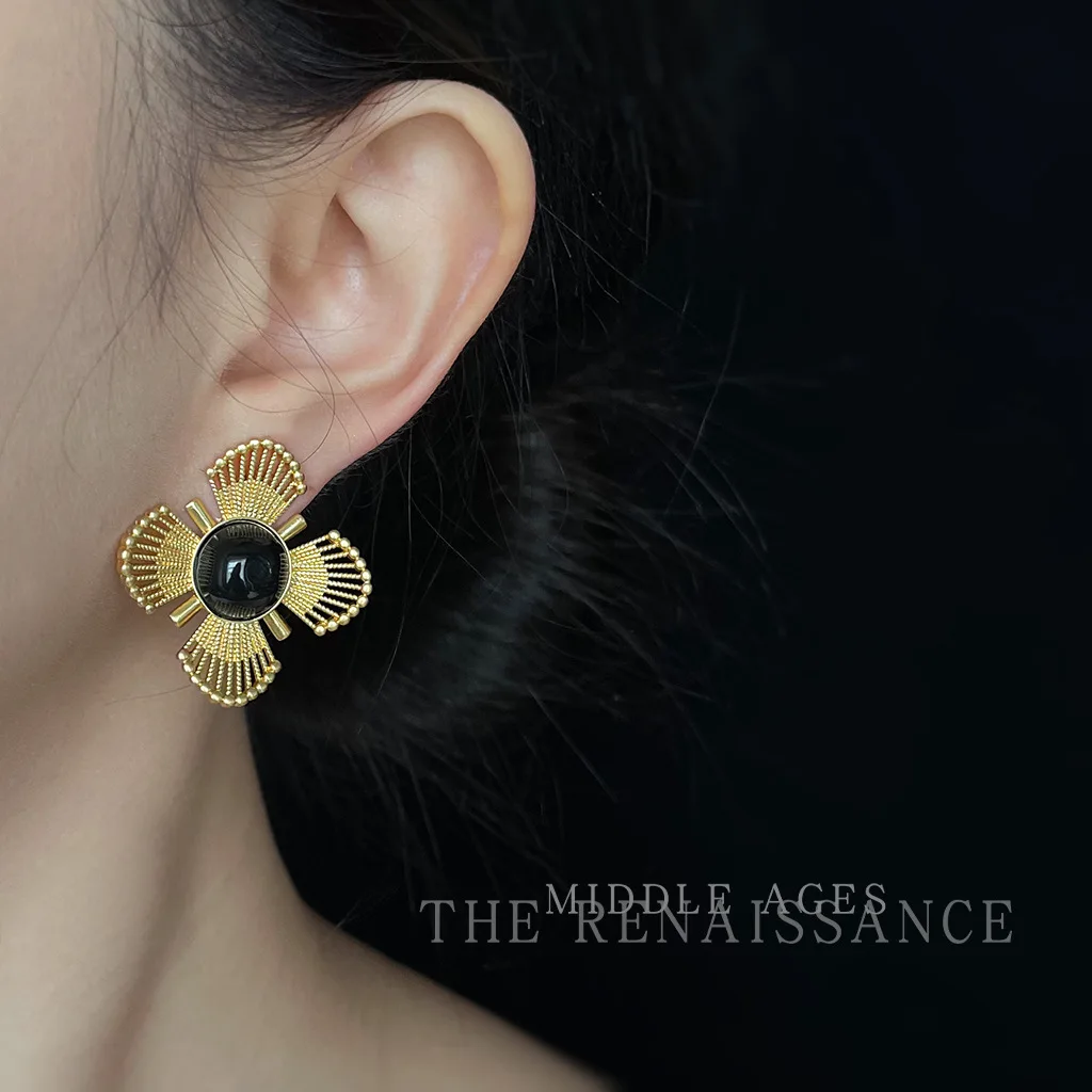 

Black and Gold Flower Exaggerated Silver Needle Earrings Freeshippings Items Jewellery Women