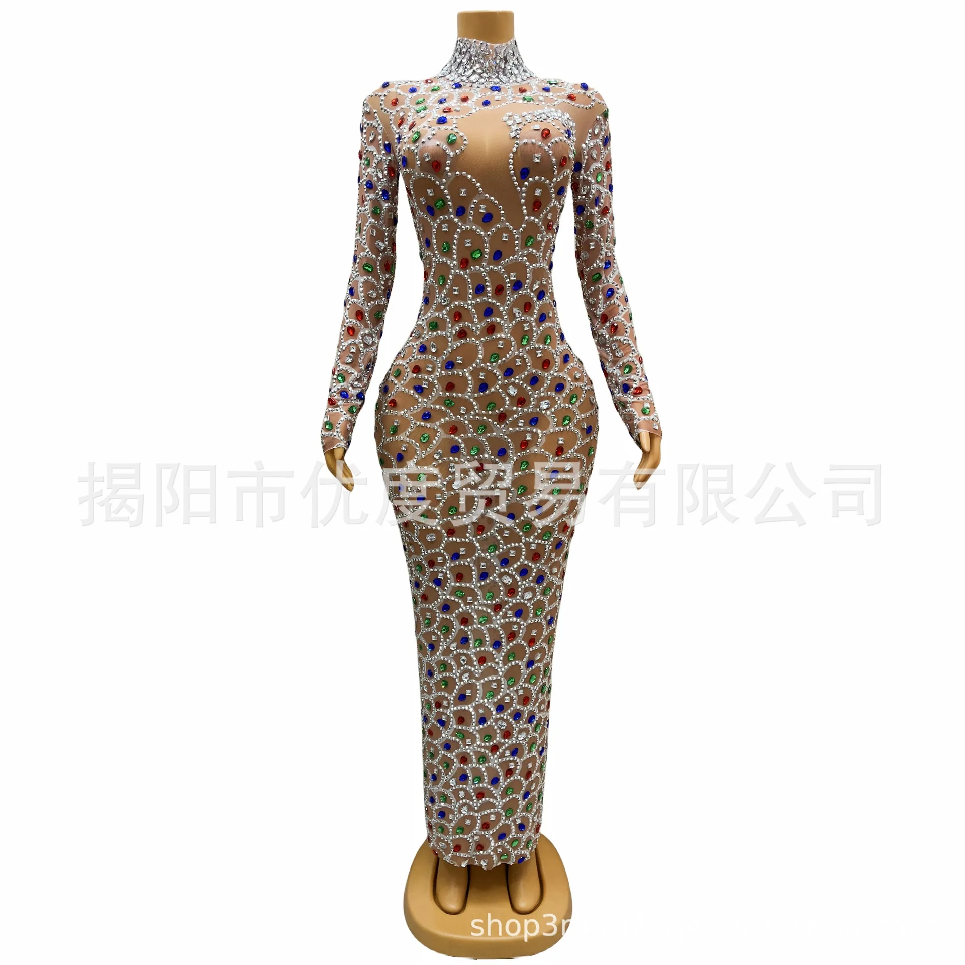 Slim-fit Multi-color Shiny Rhinestone Perspective Mesh Dress, Cocktail Party Night Performance Dress, Long Dress, Fish Scales