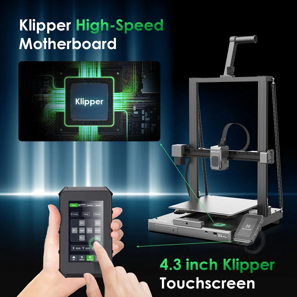 طابعة مدفعية جانبية ثلاثية الأبعاد ، سكة توجيه خطية XY-معدن ، تسوية تلقائية ، سرعة الطباعة ، حجم البناء ، XY-معدن ، X4 Plus ، rpm ،