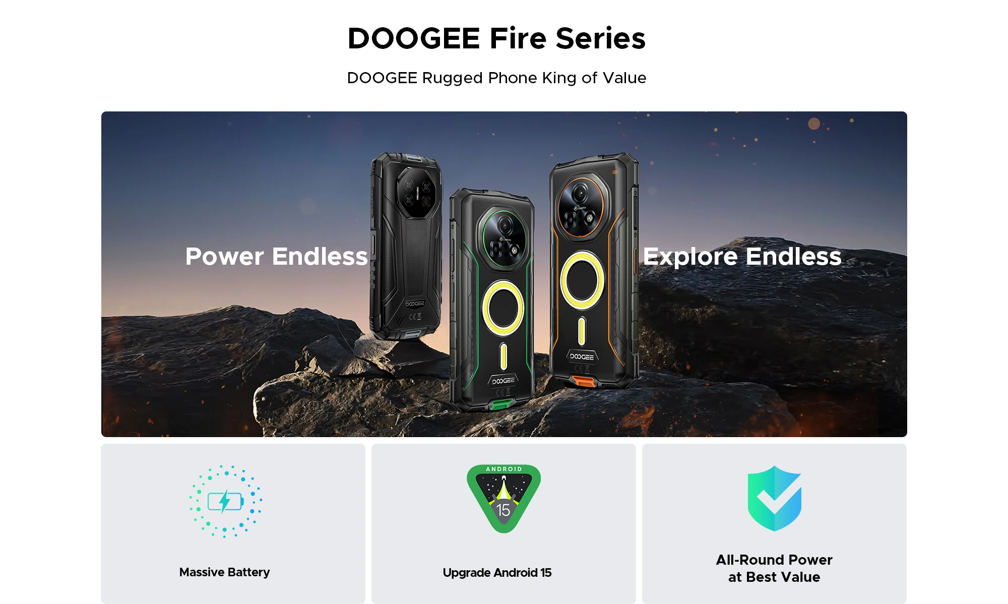 DOOGEE Fire 7 Pro Rugged Phone Dual Camping Lights Support Push-to-Talk Over Cellular 13000mAh Battery Android 15 Smartphone