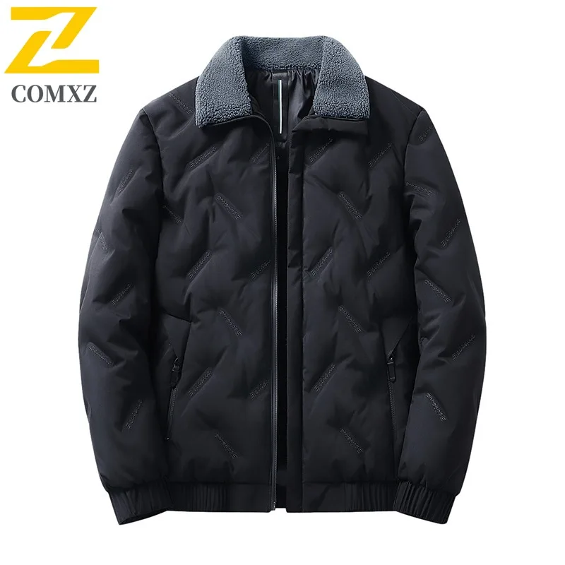 

COMXZ 2025 Мужская зимняя однотонная куртка-пуховик с воротником-стойкой в корейском стиле, утолщенная повседневная куртка с капюшоном для спорта на открытом воздухе, пальто для горной рыбалки