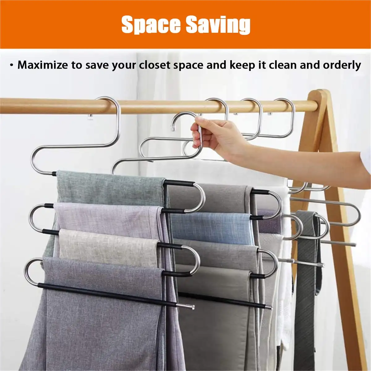 4 Pack S Shape 5 Tier Pants Hangers Space Saving,Stainless Steel Non Slip Trouser Hangers, Multi Layer Closet Organizer Hanger for Jeans, Pants, Skirts, Scarves, Belts