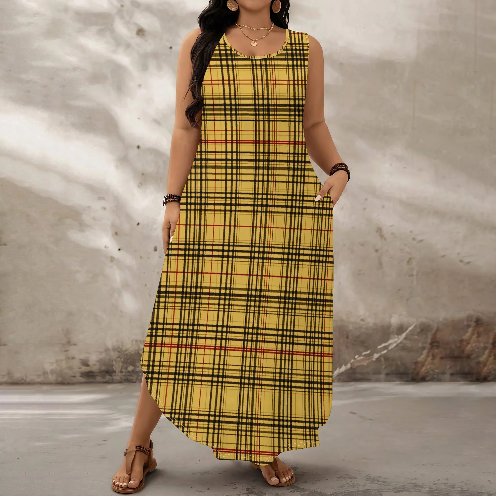 

"Plus Size Plaid Maxi Dress for Women, Casual Sleeveless Vintage Checkered Summer Dress, XL-6XL for Fall & Holiday Parties"