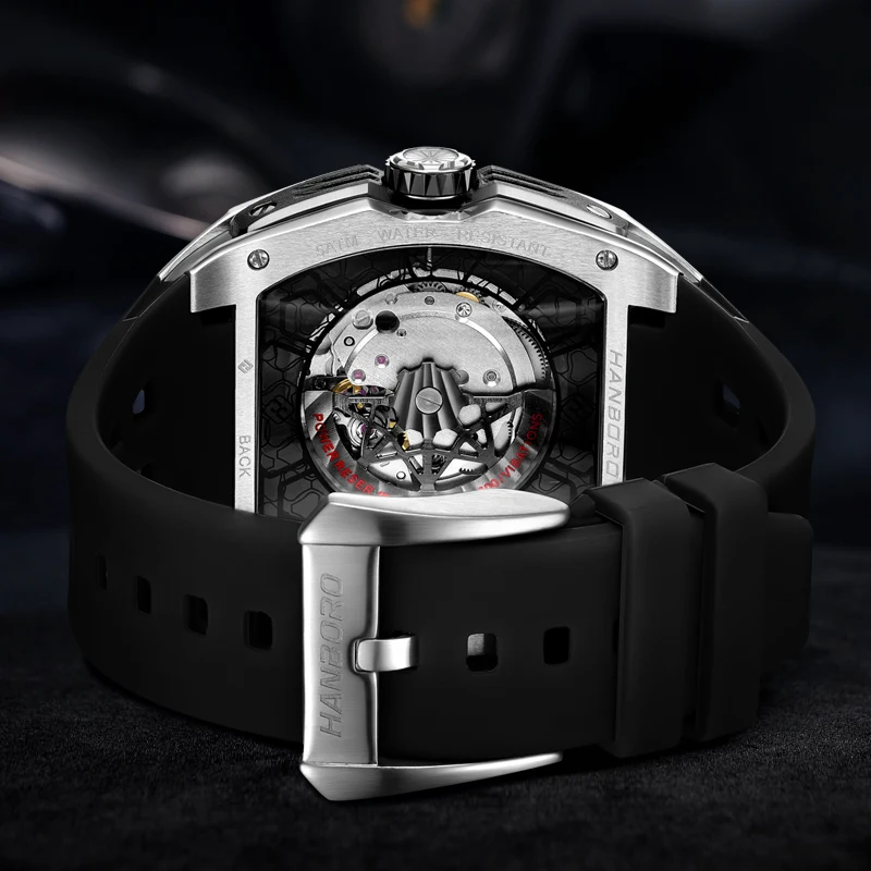 HANBORO-Reloj Automático para hombre, pulsera mecánica de lujo, caja Tonneau luminosa, resistente al agua hasta 50M, Fondo de planeta que puede rotar, 52mm