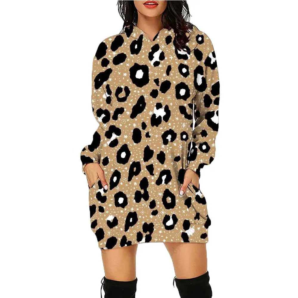 

New 3D printed leopard print long sleeved hooded dress, autumn street style casual pullover for women, loose sports shirt