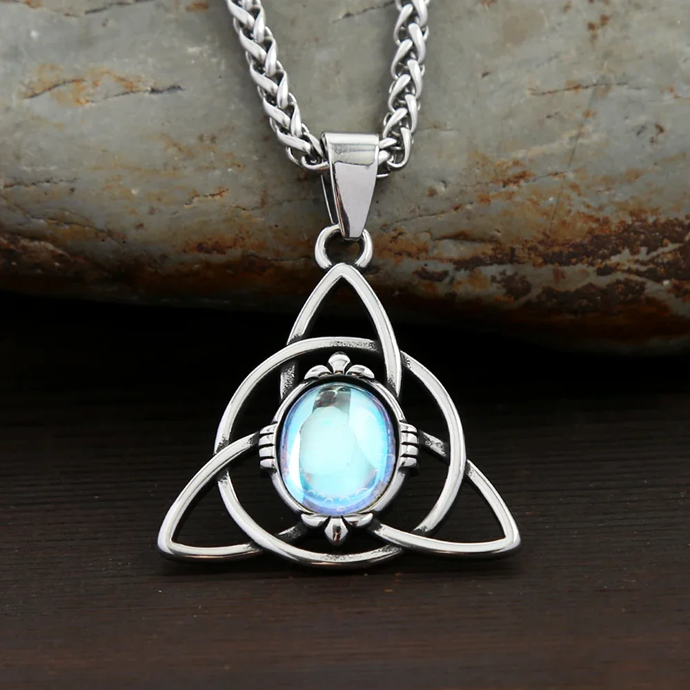 Colliers Vintage nordique en acier inoxydable avec pendentif à nœuds trinité pour hommes et femmes, collier opale à la mode, amulette Viking, bijoux cadeaux
