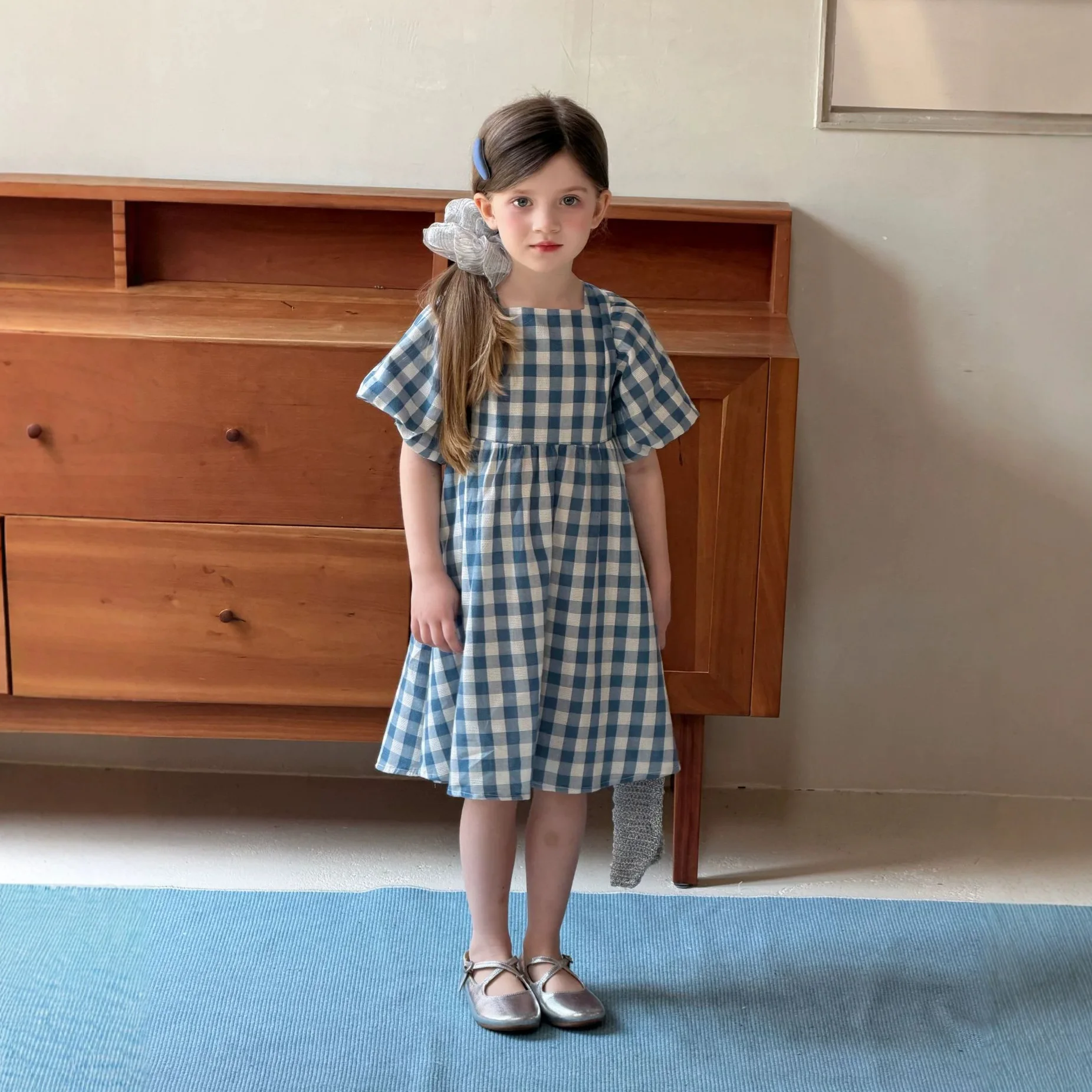 Girls' dress 2026 summer new Korean version children's waist hollow princess plaid long dress