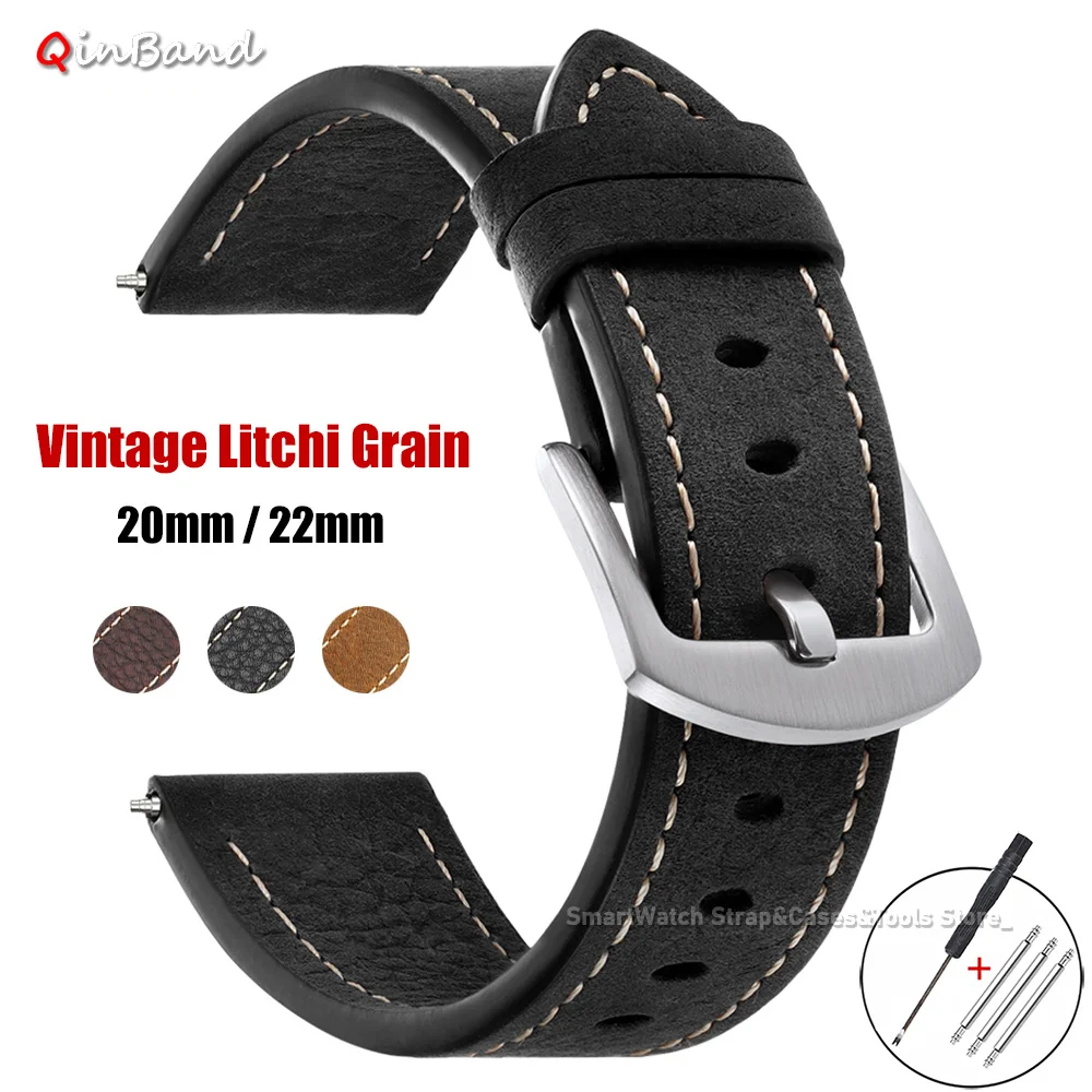 Bracelet de montre vintage en cuir de veau grainé litchi 20mm 22mm, sangle en cuir de vachette cousue, marron vieilli noir, pour Seiko