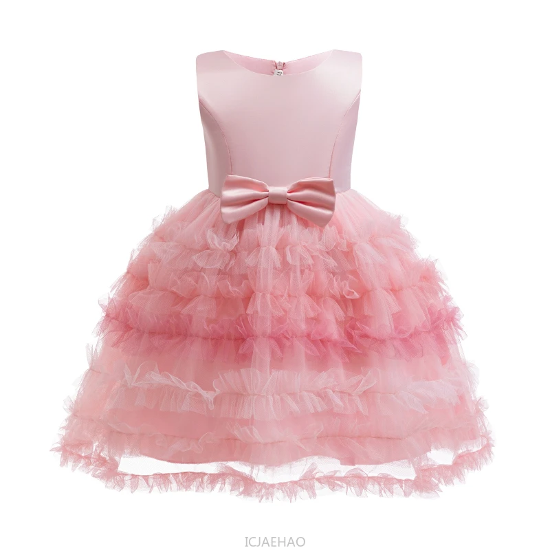 Wed Dress Pink Kids Girls Sleeveless Bow Dresses Tulle Skirt Children Pearl Long Sleeve Single Button Coat 2 Piece Satin Set - view 5