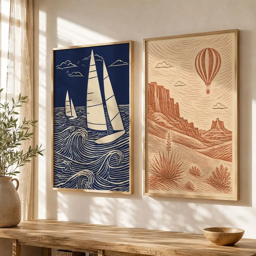 Sailboat Linocut Nautical Ocean Poster Stickers Painting Self-Adhesive Art for Bedroom Living Room Home Decor Wall Decals Gift