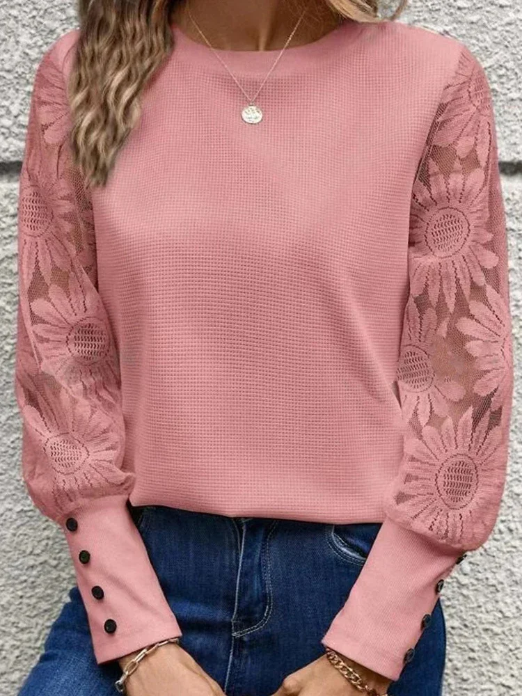 2024 Winter Button Solid Color Long Sleeved Women Pullover Round Collar Jacquard Black Shirts Comfortable Flowers Woman Clothes
