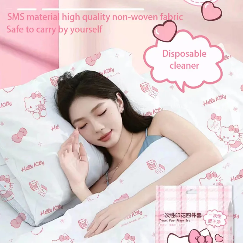 Sanrio disposable bed sheet quilt cover pillowcase duvet cover double travel hotel bedding four-piece set