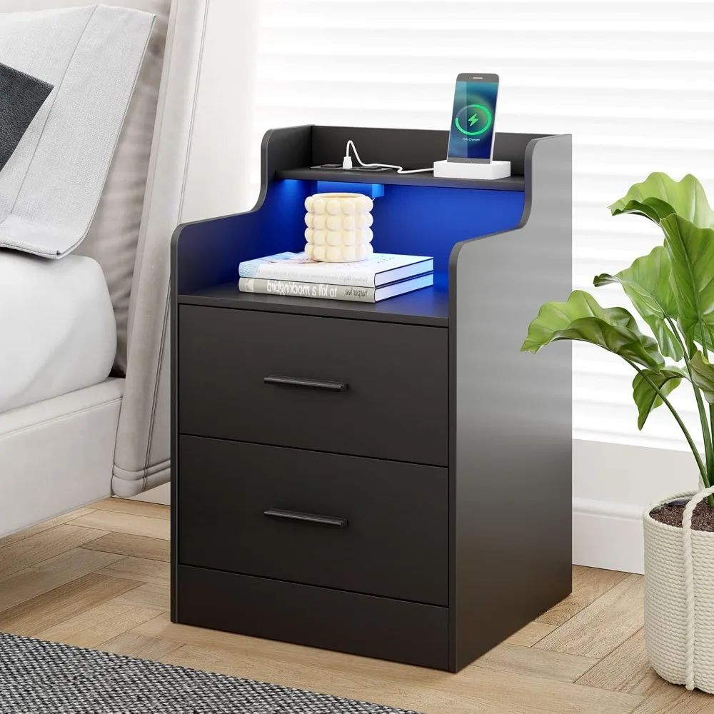 

Nightstand with Charging Station,Modern Bedside Table with LED Light, Night Stand with 2 Drawers and Storage Shelves