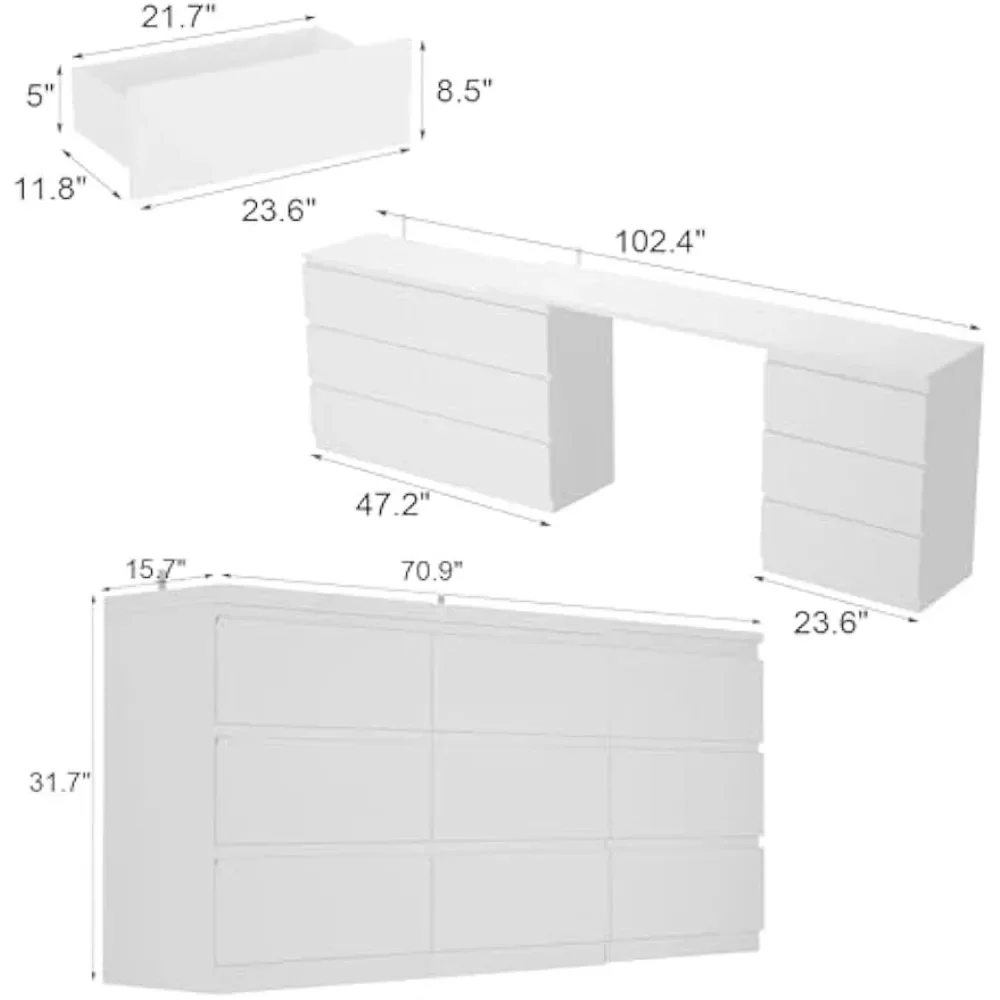 Rotating Double Dresser with 9 Drawers, with Storage Cabinet, Length & Shape Adjustable Dressing Table for Bedroom, 70.9