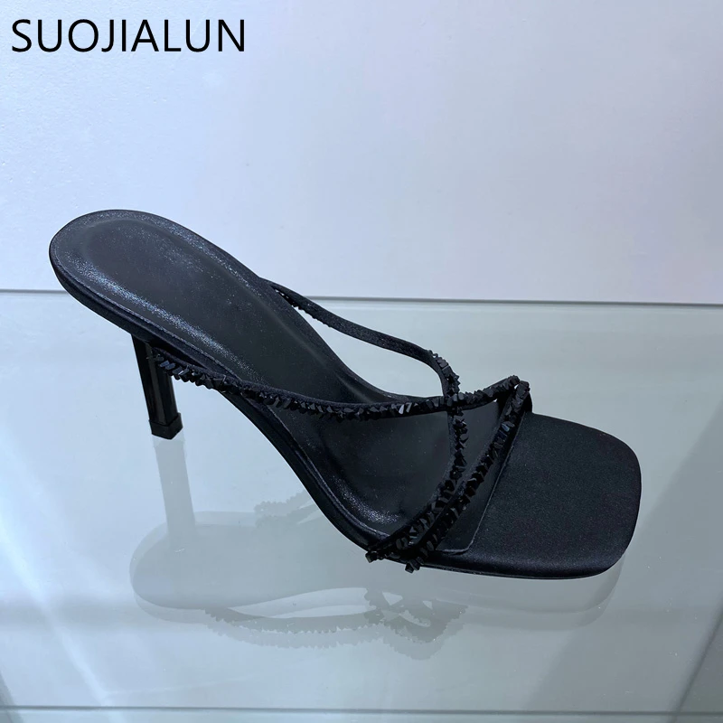 SUOJIALUN 2022 New Brand Women Slipper Fashion Carystal Narrow Band Ladies Sandal Round Toe Thin High Heel Elegant Slides Shoes