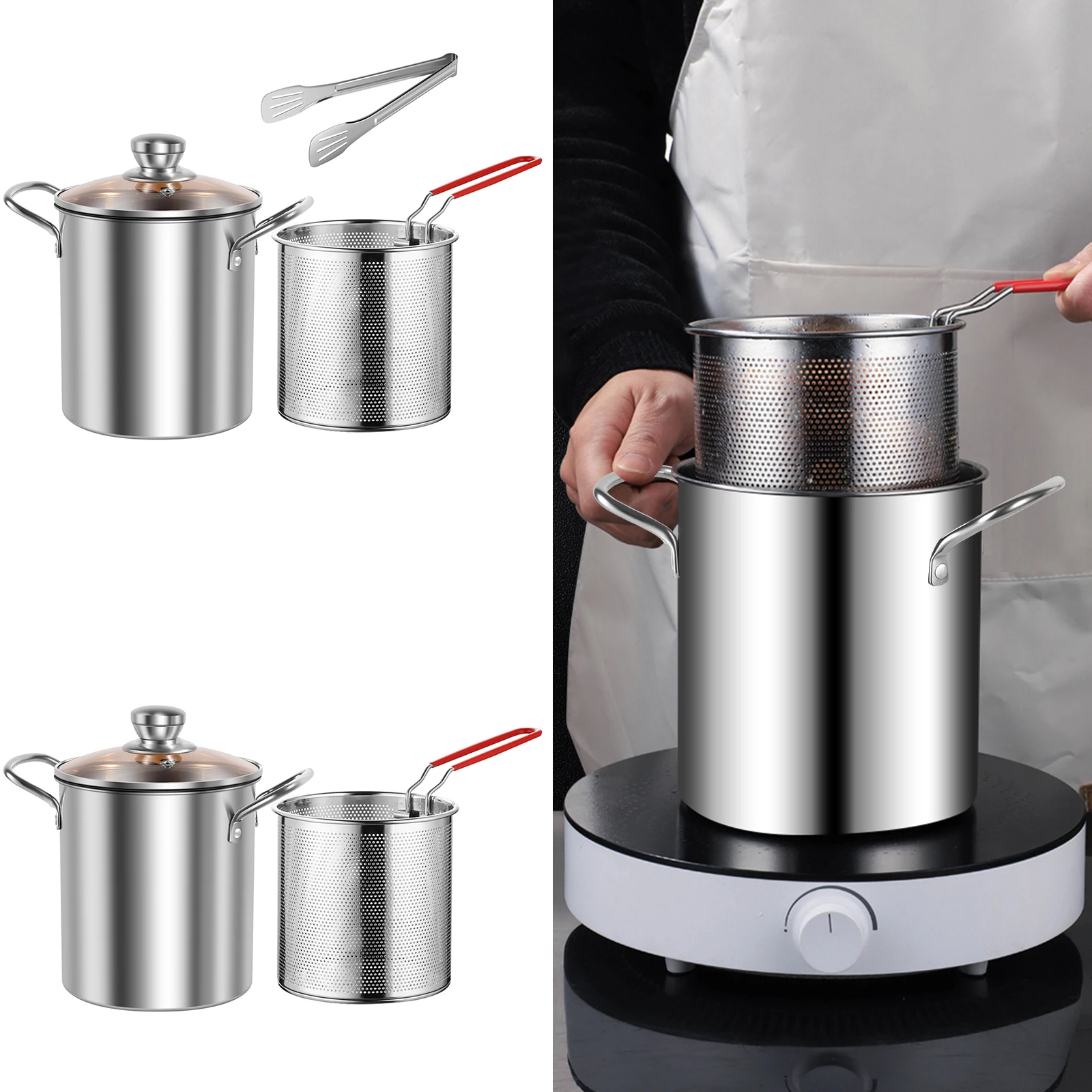 

304 Stainless Steel Frying Pan with Basket and Lid Household Food Grade Frying Pan Multifunctional Kitchen Frying Pan