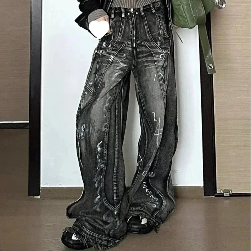 Vintage Black Gothic Wide Leg Jeans Harajuku Y2k 90s Aesthetic Baggy Denim Trousers 2024 Fashion New Graffiti Design Jean Pants