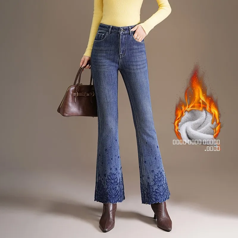 

Джинсы женские с вышивкой и кружевом, с высокой талией, из хлопкового стрейч-денима, микро-клеш, на осень-зиму, новинка...