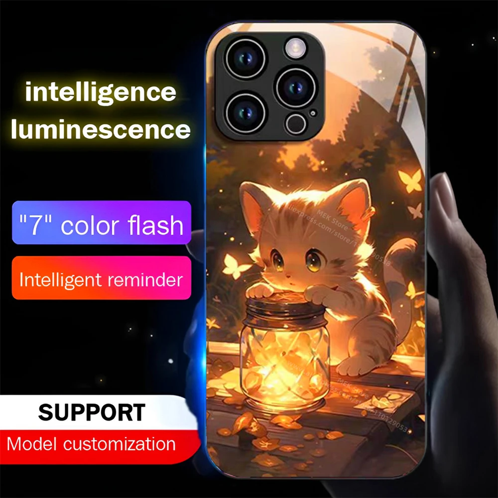 Wishing Bottle Cat Luminous Glass LED Call Light Up Flash Phone Case For Samsung S25 S24 S23 S22 S21 S20 FE Note 20 Plus Ultra