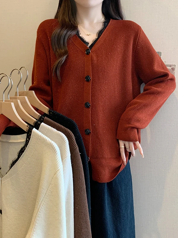 

plus Size Women's Casual Lace V-Neck Top Belly Concealing Slimming Trendy Spring Fashion 2026 New Color Block Design