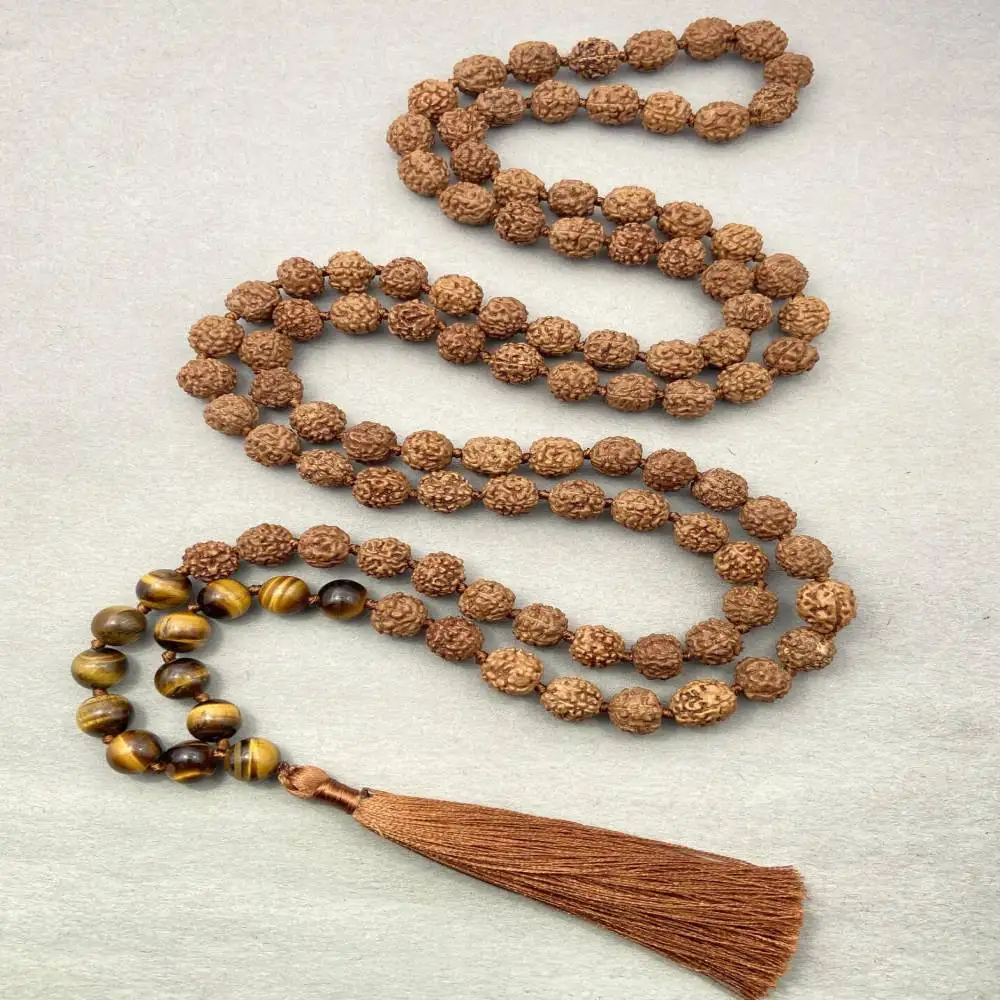 

Natural Rudraksha 108 Beads Mala Necklace with Tiger's Eye Pendant & Brown Tassel Spiritual Jewelry
