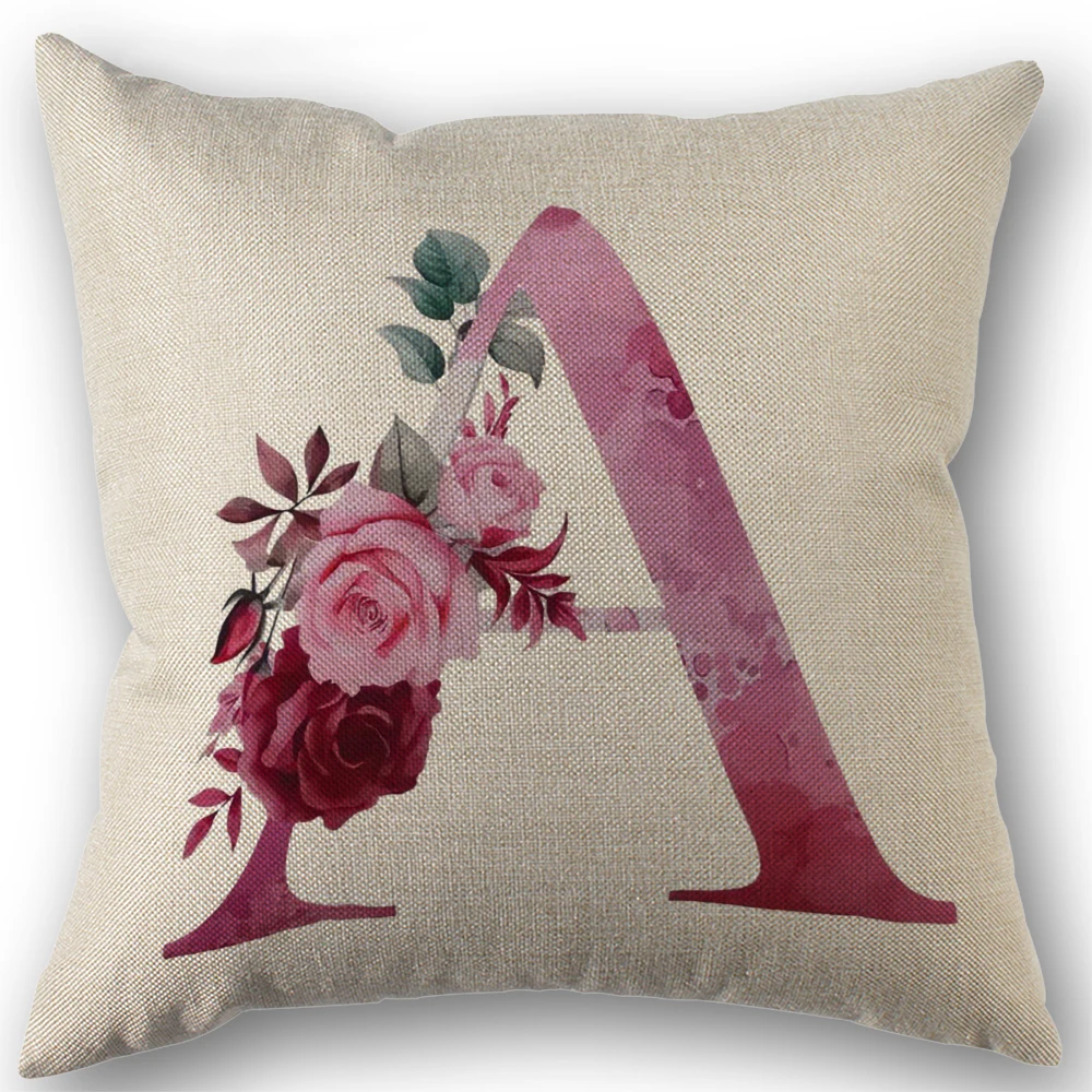 Custom Pink flower letters A-Z Pillowcase Wedding Decorative Cotton Linen Pillow Case For Home PillowCover 45X45(One Sides)