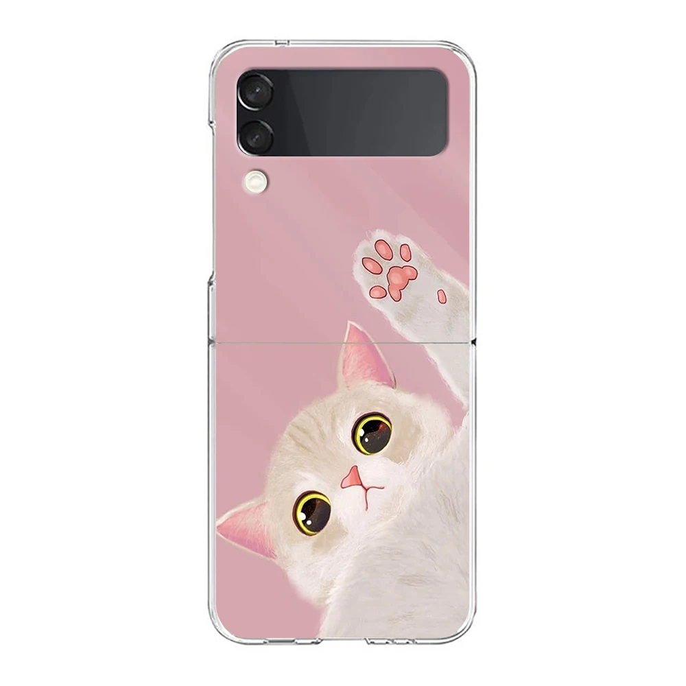 Cat Cute Kitten Cartoon For Samsung Galaxy Z Flip 3 4 5 Hard Folding Clear PC Phone Case For Samsung Z Flip3 Back Cover Bumper