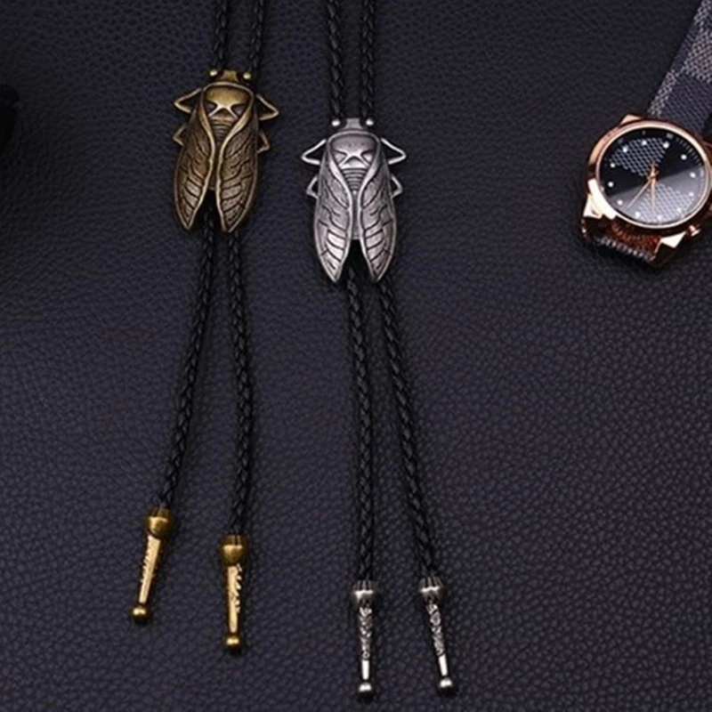 652F Bronze/Silver Color Bolo Tie for Men Carnivals Necktie Carved Cicada Buckle Decors Bolo Tie New Year Gift for Men