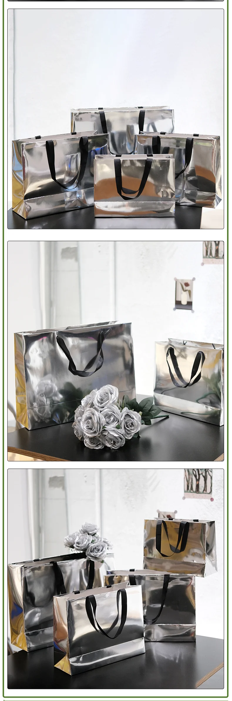 10 Stück Instagram-Style Verspiegelte Papiertüten/Tragetaschen, silberner minimalistischer Stil, Kleidertasche, einfache Papiertüte, mit Logo bedruckbar. – Detail 3