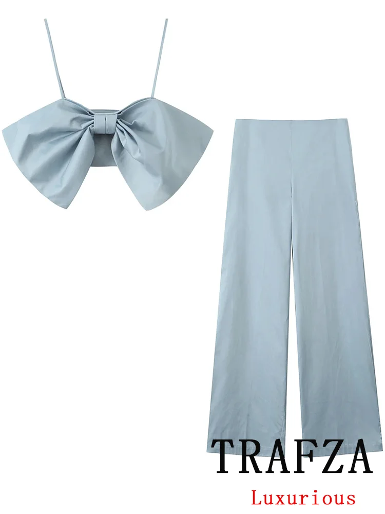 TRAFZA Vintage Sexy Chic Women Solid Suit Bow Cami Short Top pantaloni lunghi con cerniera allentata New Fashion 2024 Evening Club set autunnali