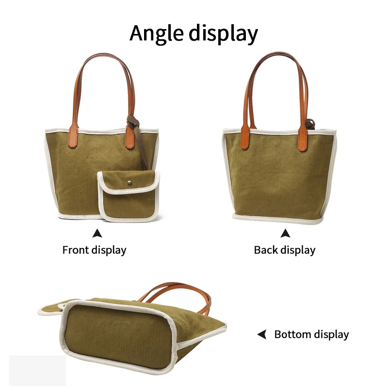 2Pcs Fashion Canvas Bag Literary Simple Versatile Casual Solid Color Large Capacity Shoulder Bag With Purse Mobile Phone Bag