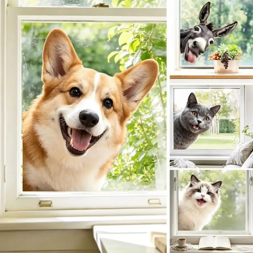 Electrostatic Cling Animal Window Sticker Reusable Waterproof Peeking Animal Decal Removable Decorative Window Decal