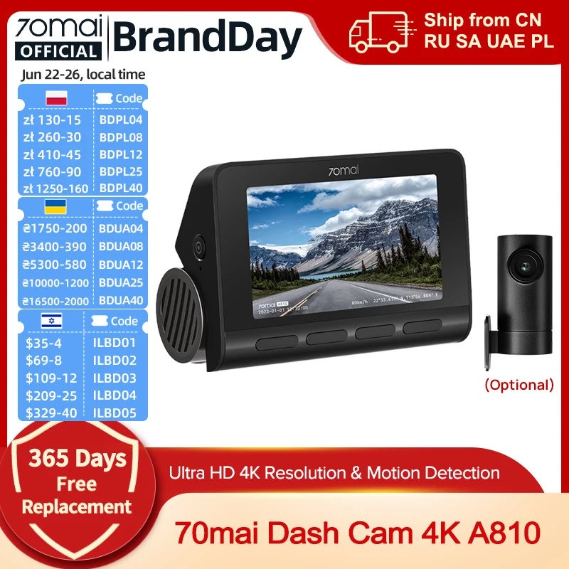70mai 4K Dash Cam A810 Front Rear Set Suppor 4G Module LTE UP04 Remote Control GPS ADAS Car DVR 70mai A810 Car DVR