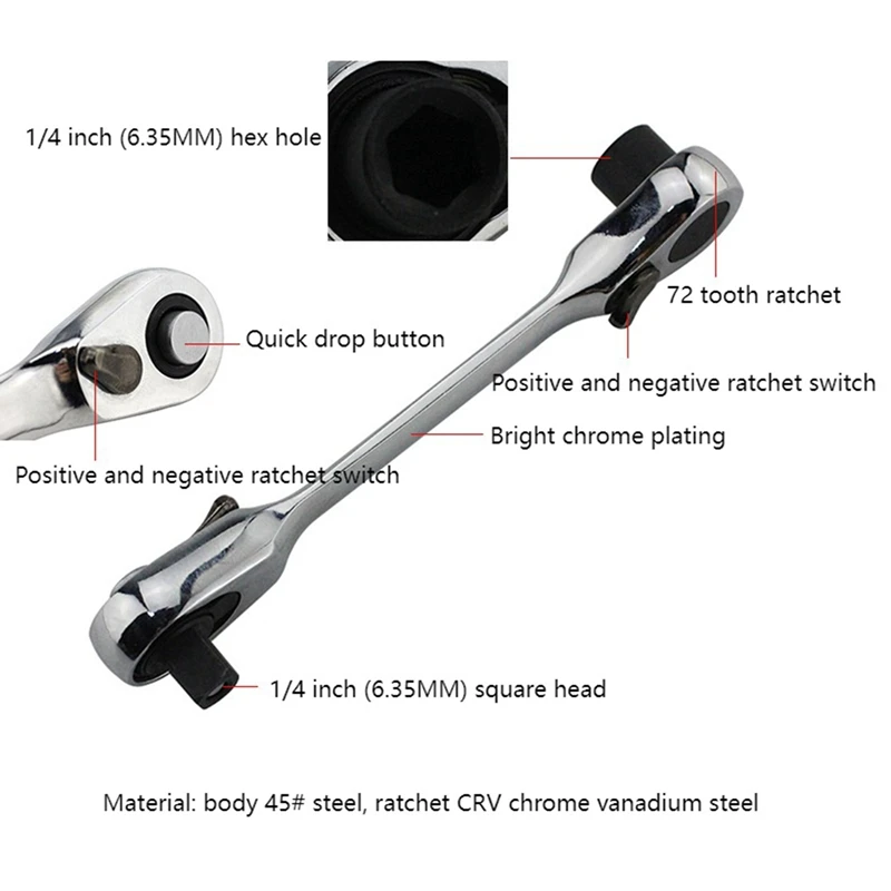 Hot 1 Piece 72 Tooth 1/4 Inch Quick Double Double End Mini Chrome Vanadium Steel Ratchet Wrench