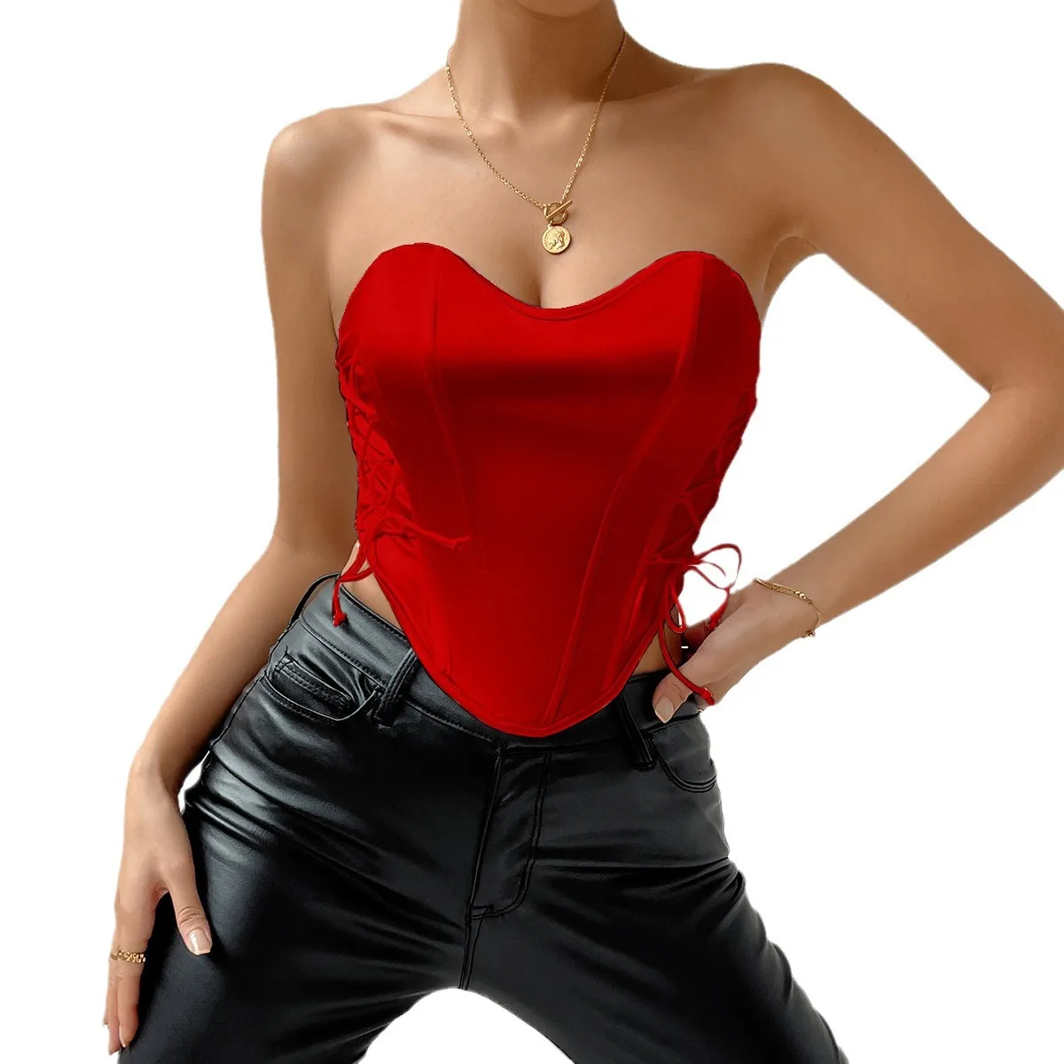 Hot-selling Sexy Babes Lace-up Solid Color Chest Wrap Street Halter Fish Bone Waist Small Vest Women's Clothing Cw26595