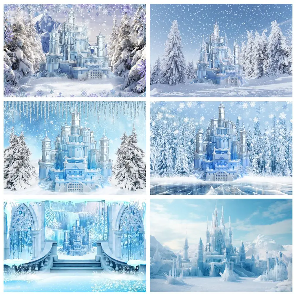 Snow Castle Backdrop Snowflake Ice Pine Trees Forest  Winter Princess Birthday Party Kids Portrait Photorgaphy Background Decor