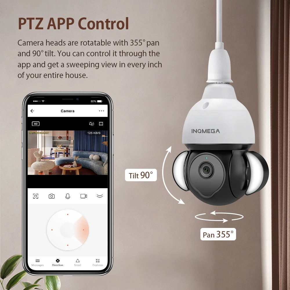 INQMEGA Tuya Bulb Camera IP PTZ Wifi Camera Security Protection CCTV E27 Light Bulb Floodlight Camera Motion Sensor with Alexa